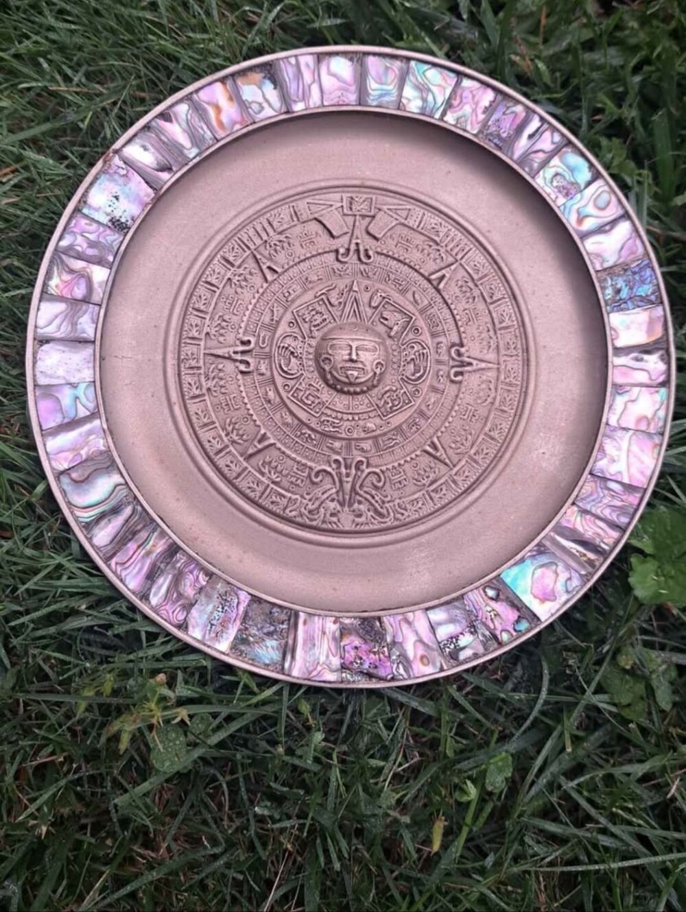 Decorative Aztec Wall Plaque with Abalone Shell Border - Bronze